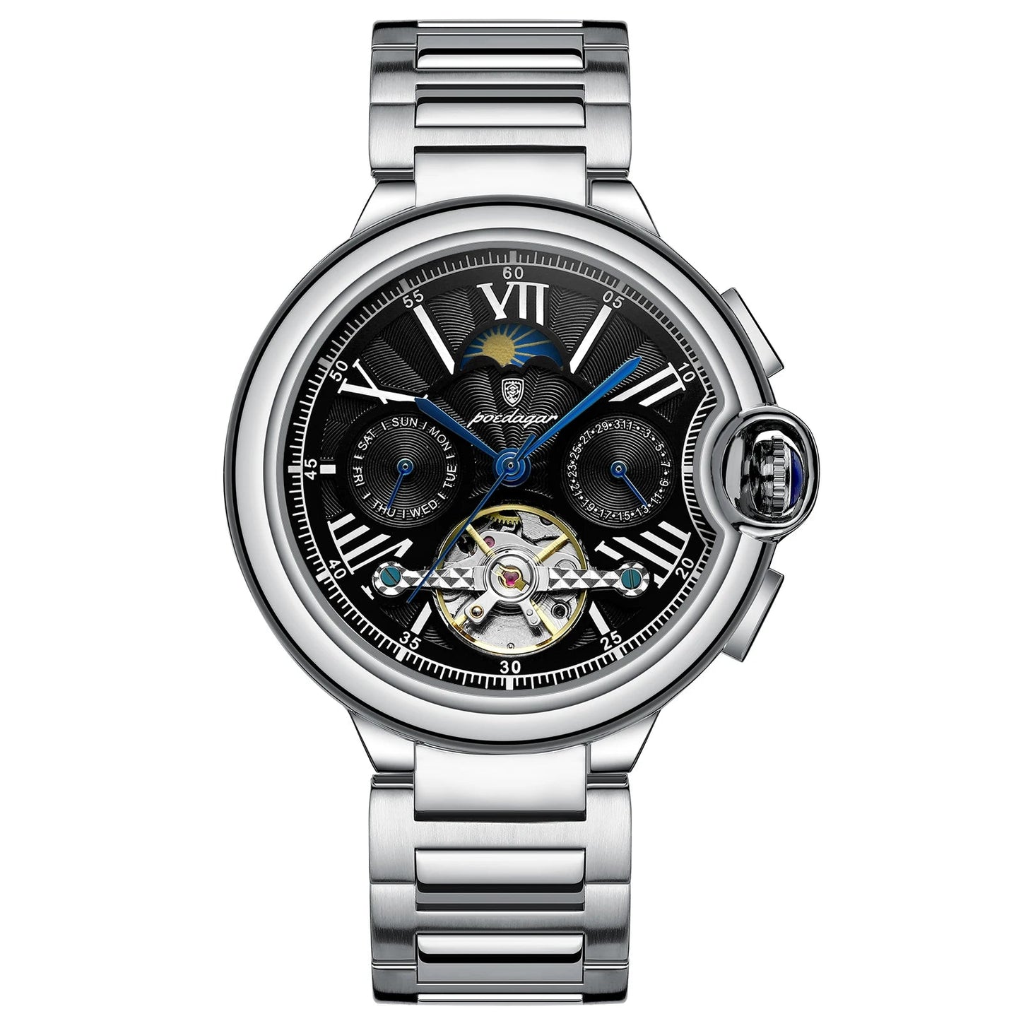 Men’s Automatic Tourbillon Watch – Hollow Dial with Luminous Hands and Calendar