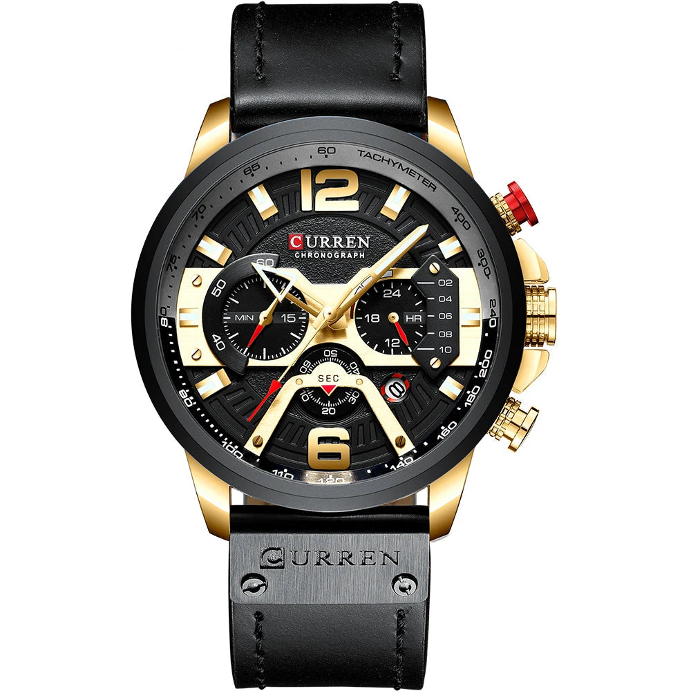 Men’s Military Quartz Chronograph Watch – Leather Band with 24-Hour Sub-Dial
