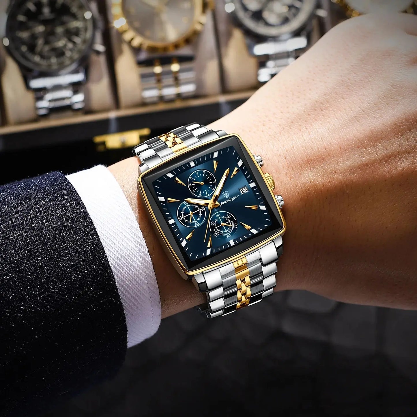 Men’s Square Dial Quartz Watch – Chain Strap with Luminous Display