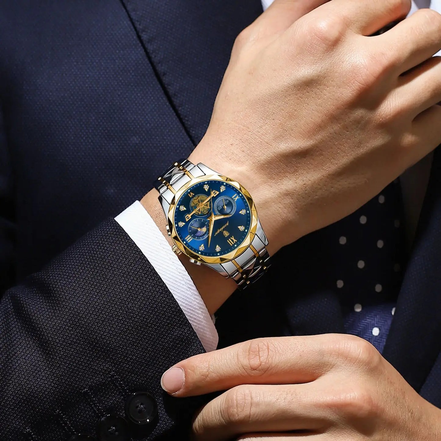 Men’s Luxury Chronograph Quartz Watch – Diamond-Cut with Gold-Plated Accents