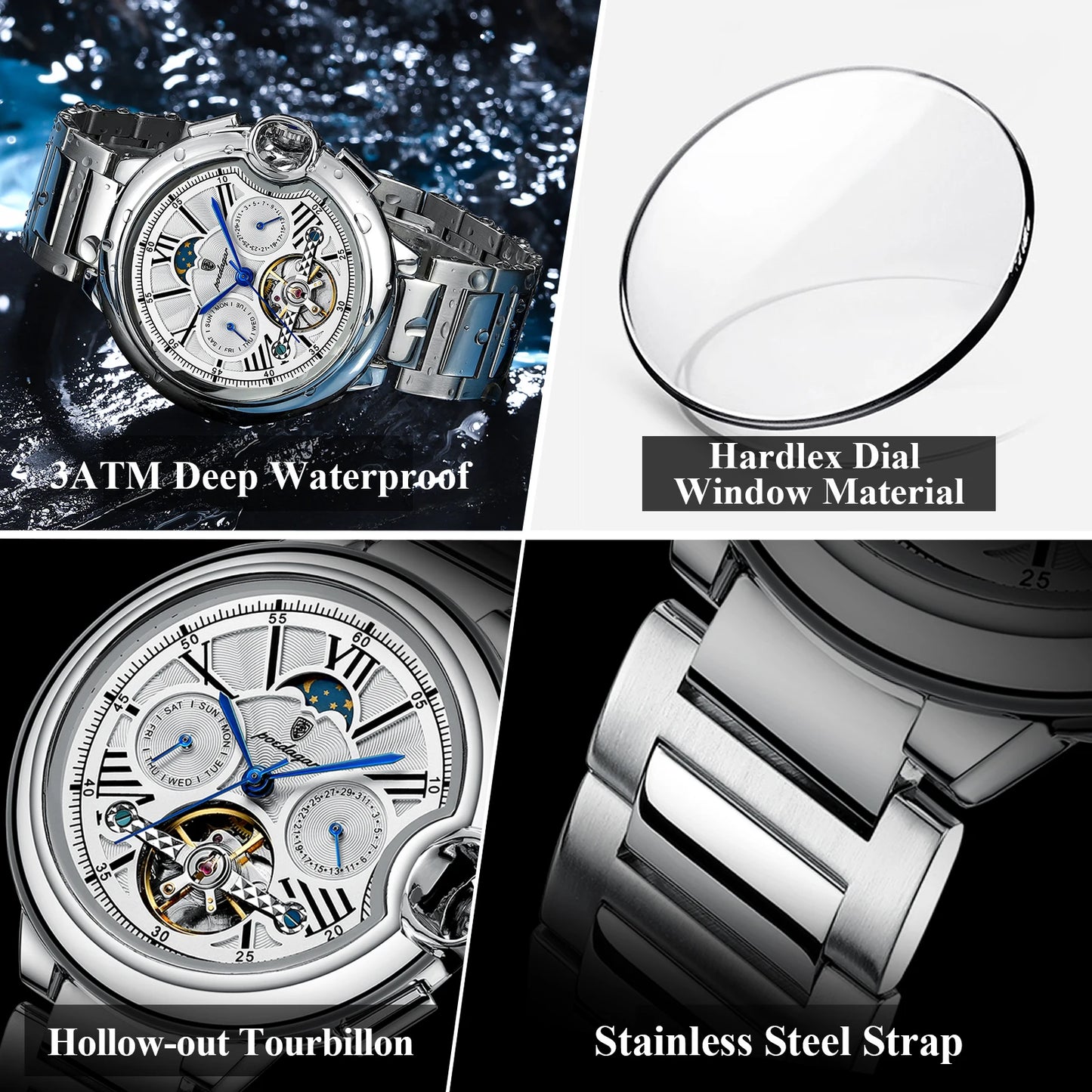 Men’s Automatic Tourbillon Watch – Hollow Dial with Luminous Hands and Calendar