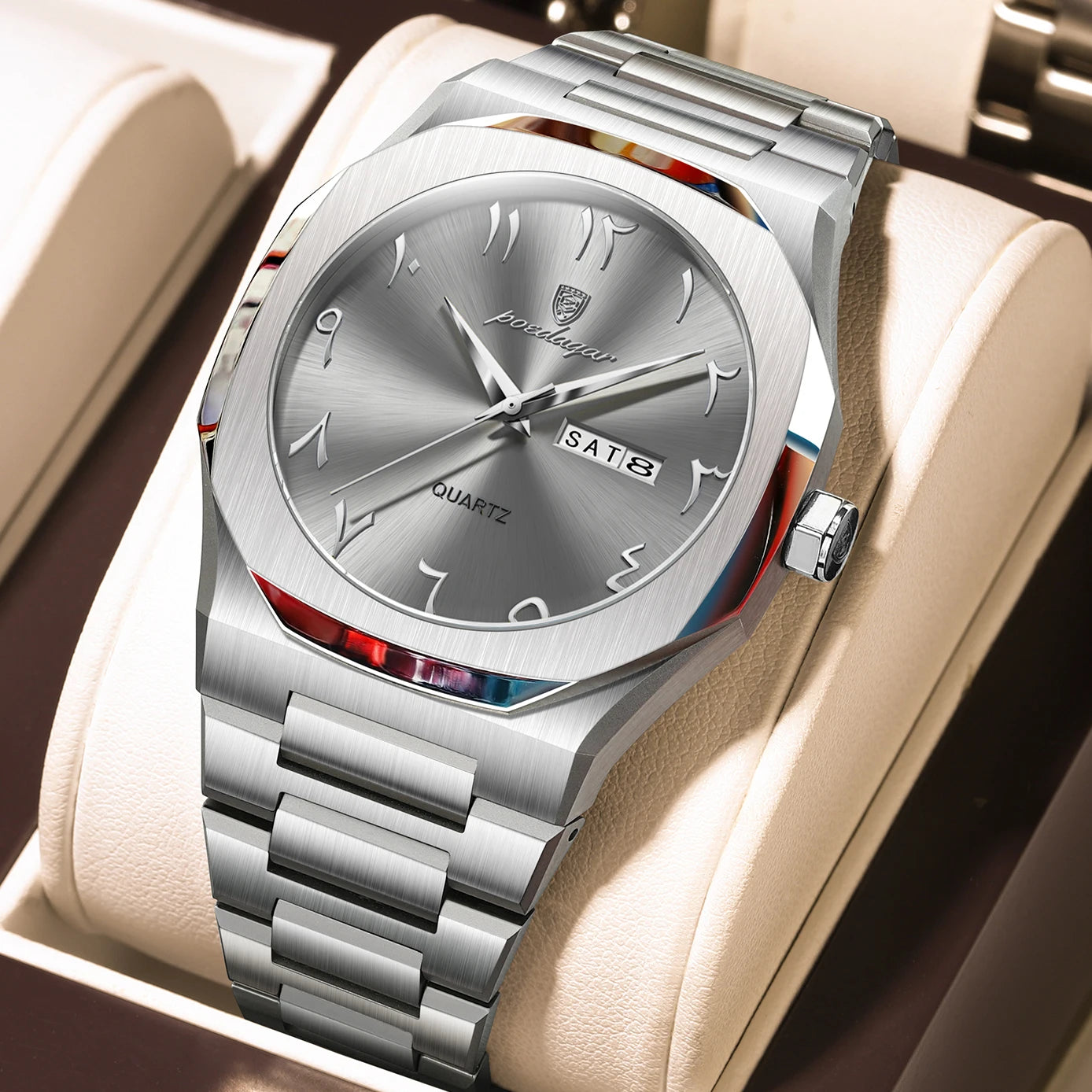 Men’s Quartz Watch – Arabic Numeral Dial with Stainless Steel Design