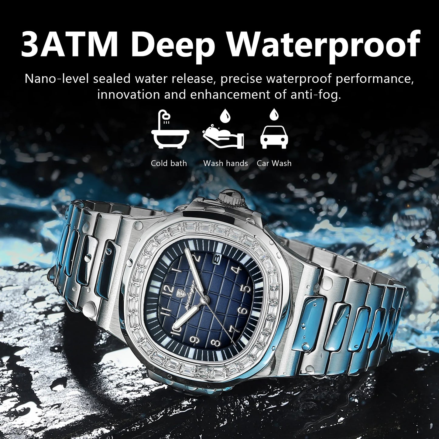 Men’s Square Quartz Watch – Stainless Steel Strap with Luminous Display