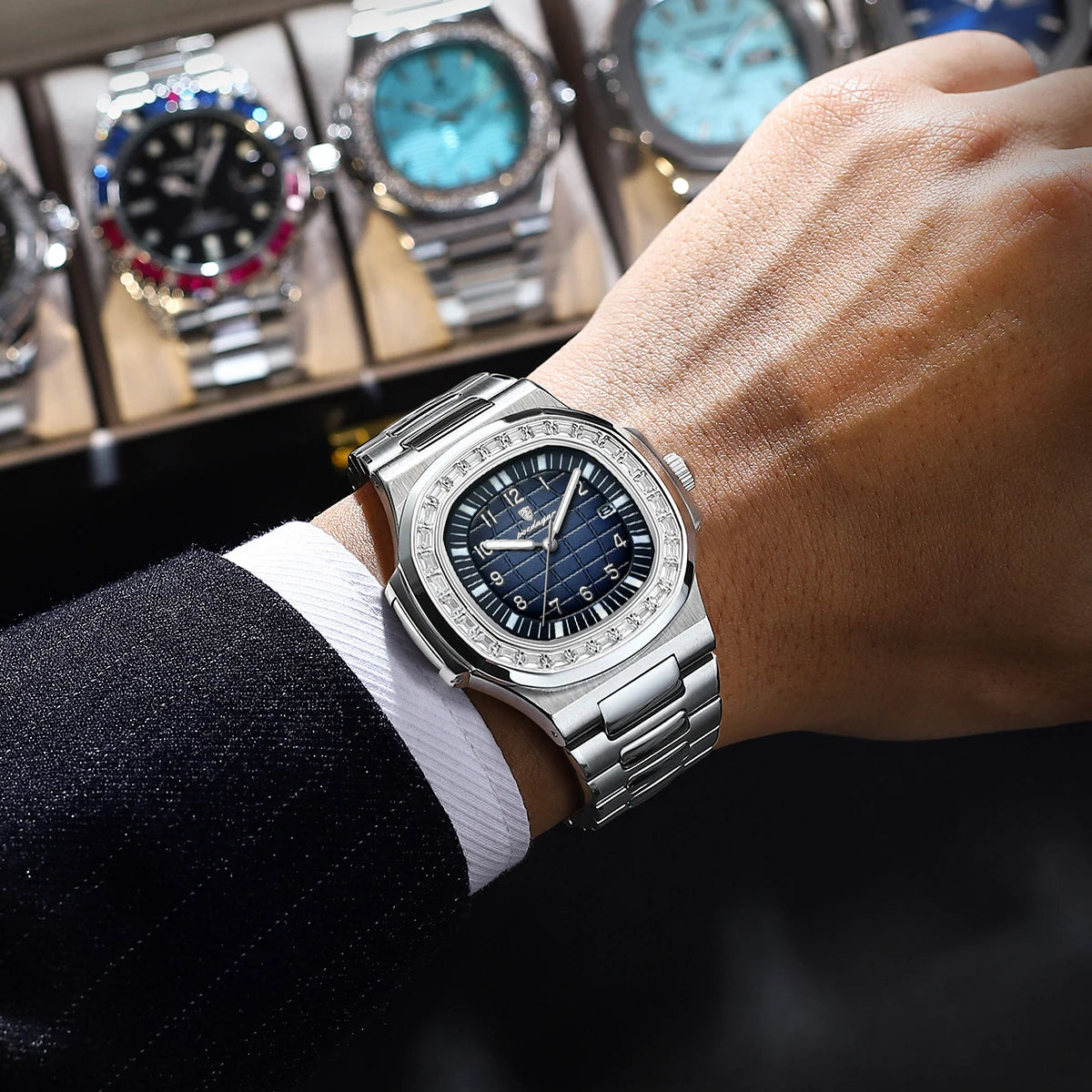 Men’s Square Quartz Watch – Stainless Steel Strap with Luminous Display