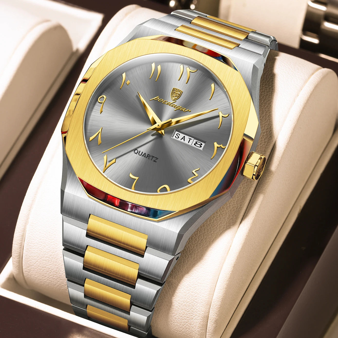 Men’s Quartz Watch – Arabic Numeral Dial with Stainless Steel Design