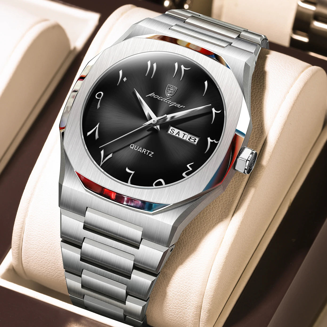 Men’s Quartz Watch – Arabic Numeral Dial with Stainless Steel Design