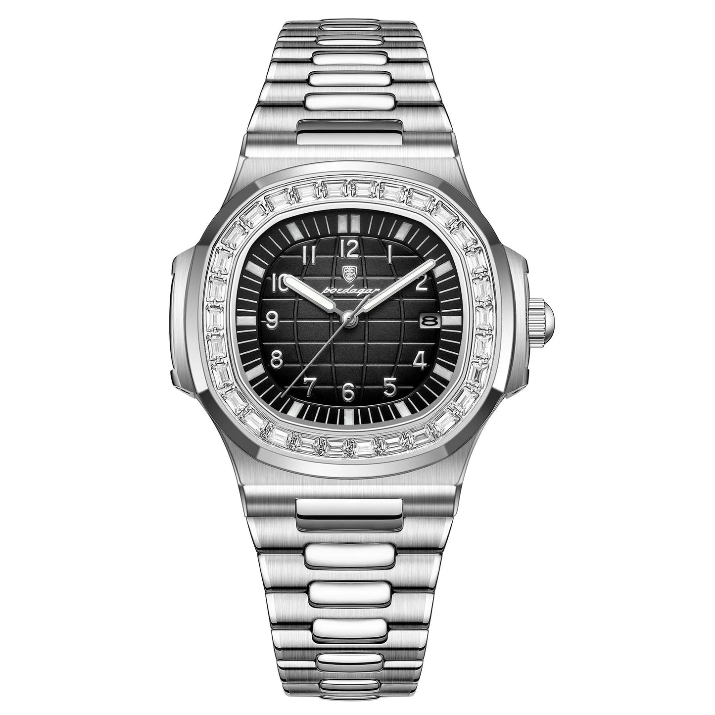 Men’s Square Quartz Watch – Stainless Steel Strap with Luminous Display