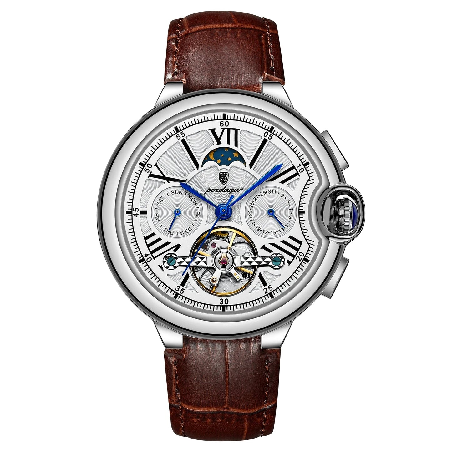 Men’s Automatic Tourbillon Watch – Hollow Dial with Luminous Hands and Calendar