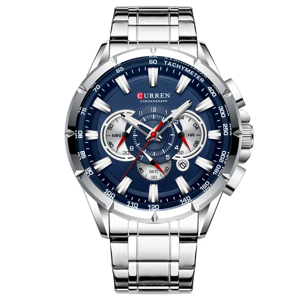 Men’s Stainless Steel Quartz Watch – Classic Round Dial with Chronograph Design