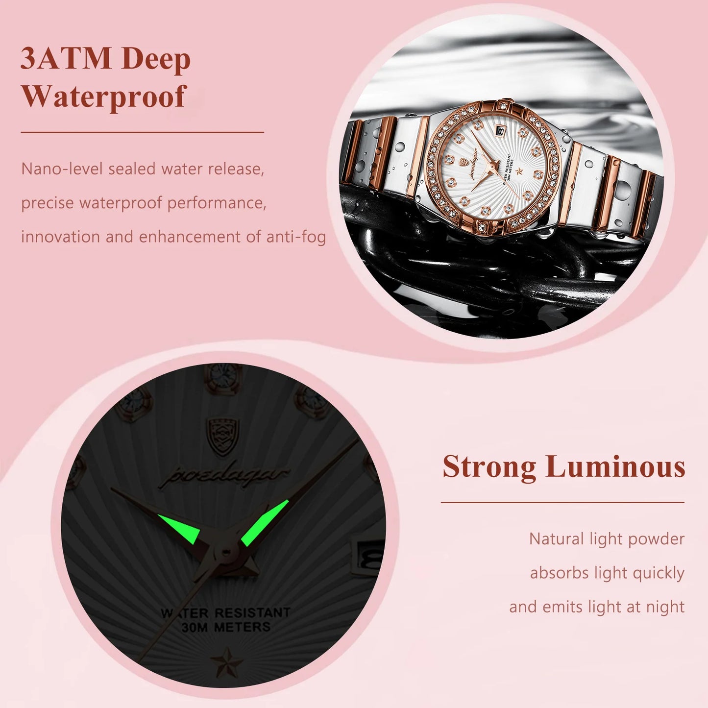Women’s Diamond Quartz Watch – Two-Tone Stainless Steel with Luminous Display