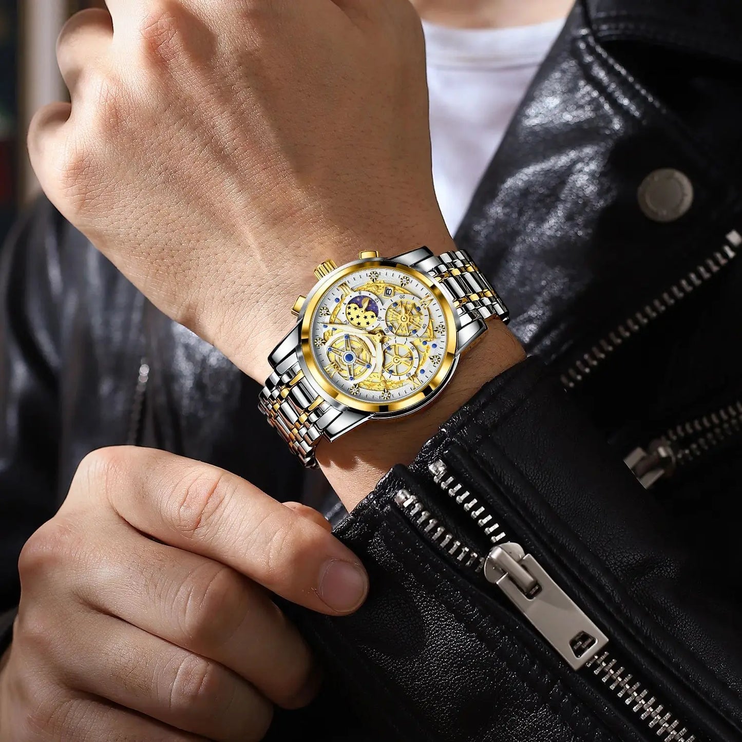Men’s Round Chronograph Watch – Stainless Steel Strap with Luminous Display