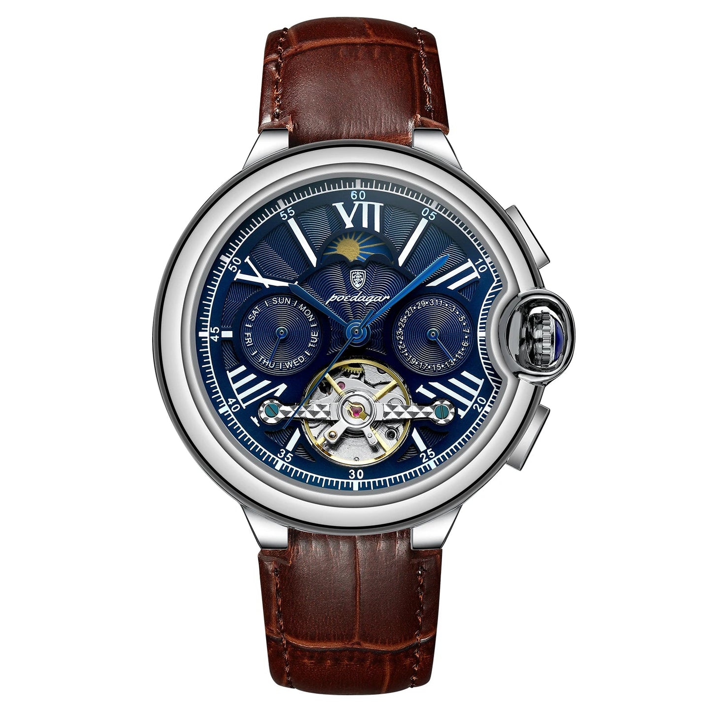 Men’s Automatic Tourbillon Watch – Hollow Dial with Luminous Hands and Calendar