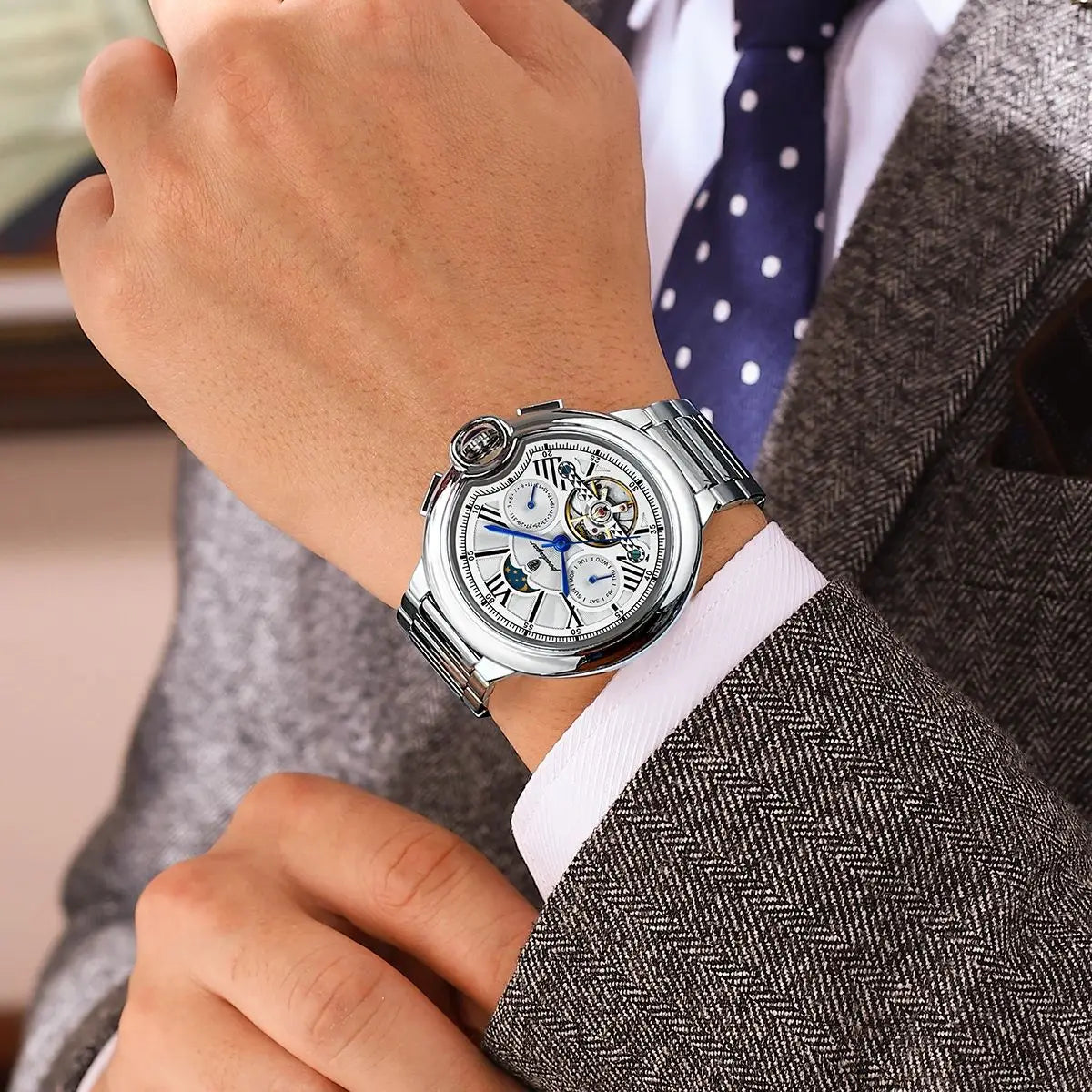 Men’s Automatic Tourbillon Watch – Hollow Dial with Luminous Hands and Calendar
