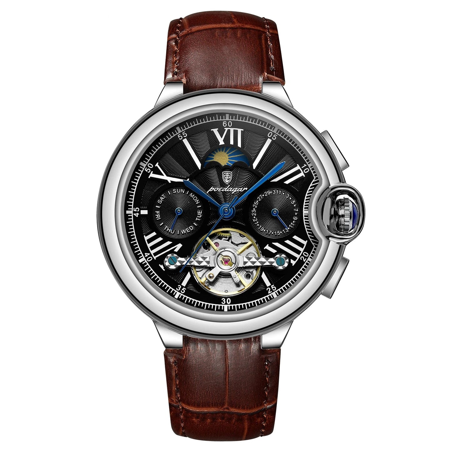 Men’s Automatic Tourbillon Watch – Hollow Dial with Luminous Hands and Calendar