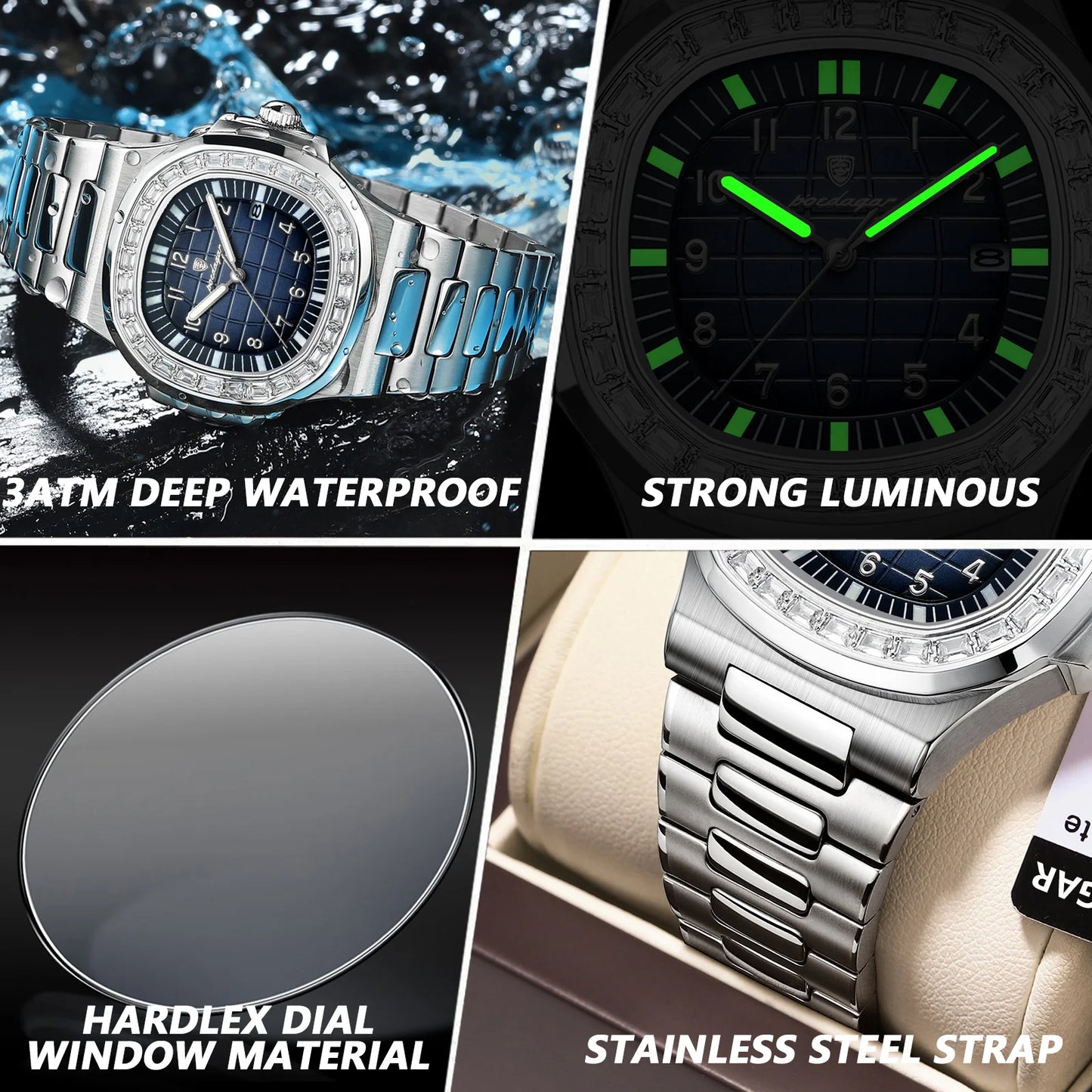 Men’s Square Quartz Watch – Stainless Steel Strap with Luminous Display