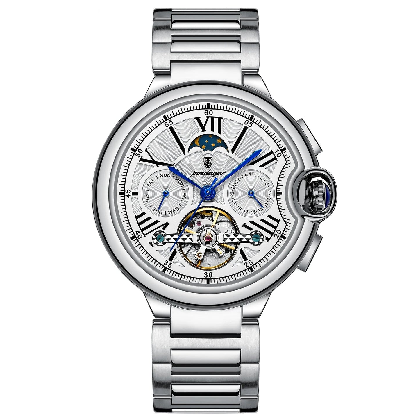 Men’s Automatic Tourbillon Watch – Hollow Dial with Luminous Hands and Calendar