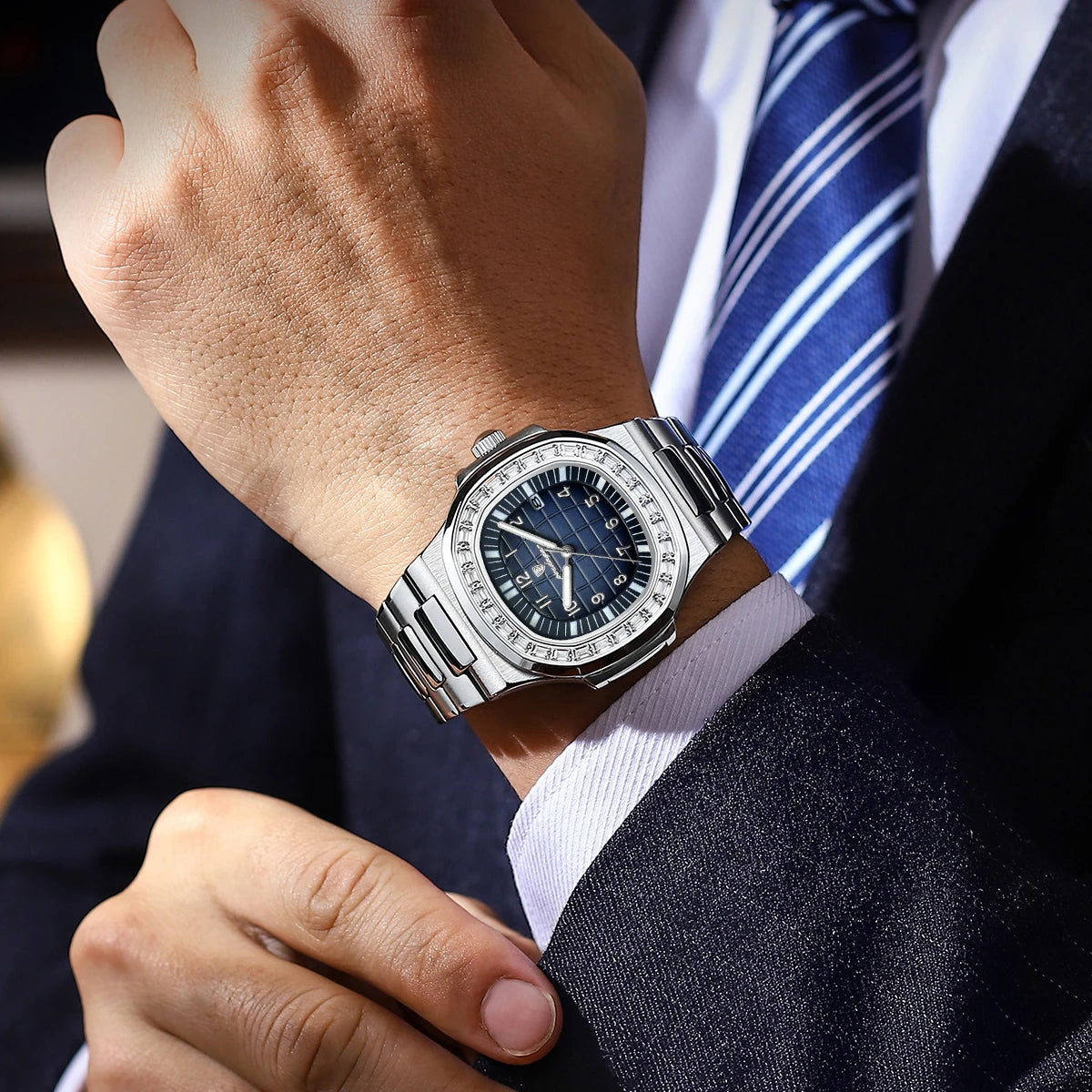 Men’s Square Quartz Watch – Stainless Steel Strap with Luminous Display
