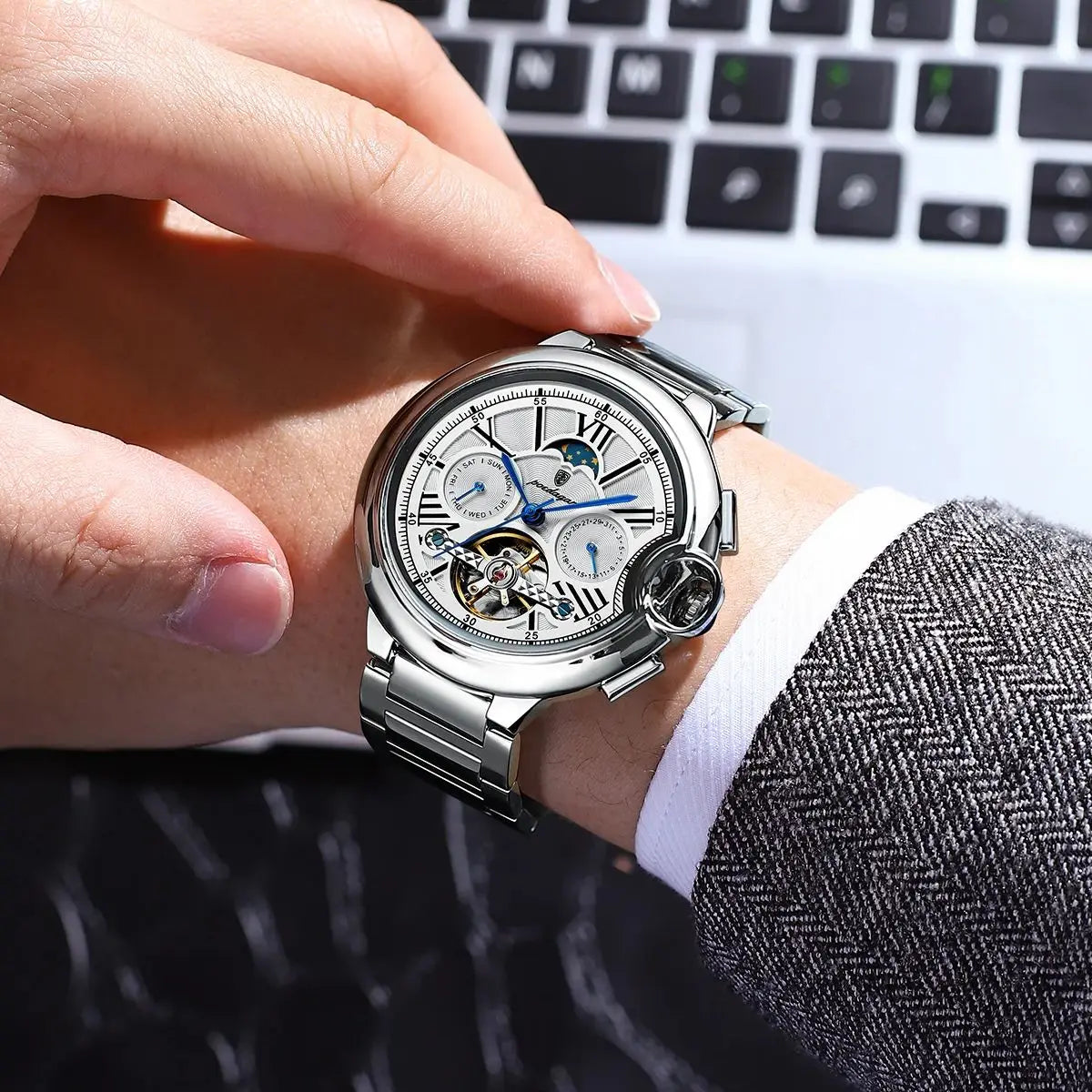 Men’s Automatic Tourbillon Watch – Hollow Dial with Luminous Hands and Calendar