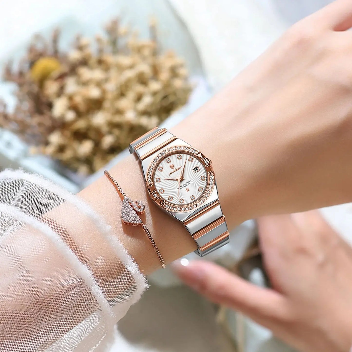 Women’s Diamond Quartz Watch – Two-Tone Stainless Steel with Luminous Display