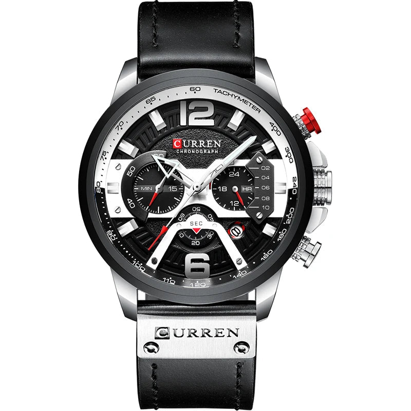 Men’s Military Quartz Chronograph Watch – Leather Band with 24-Hour Sub-Dial