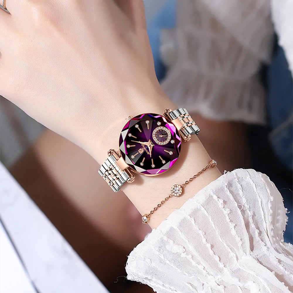 Women’s Elegant Diamond Dial Quartz Watch – Waterproof with Crystal Accents