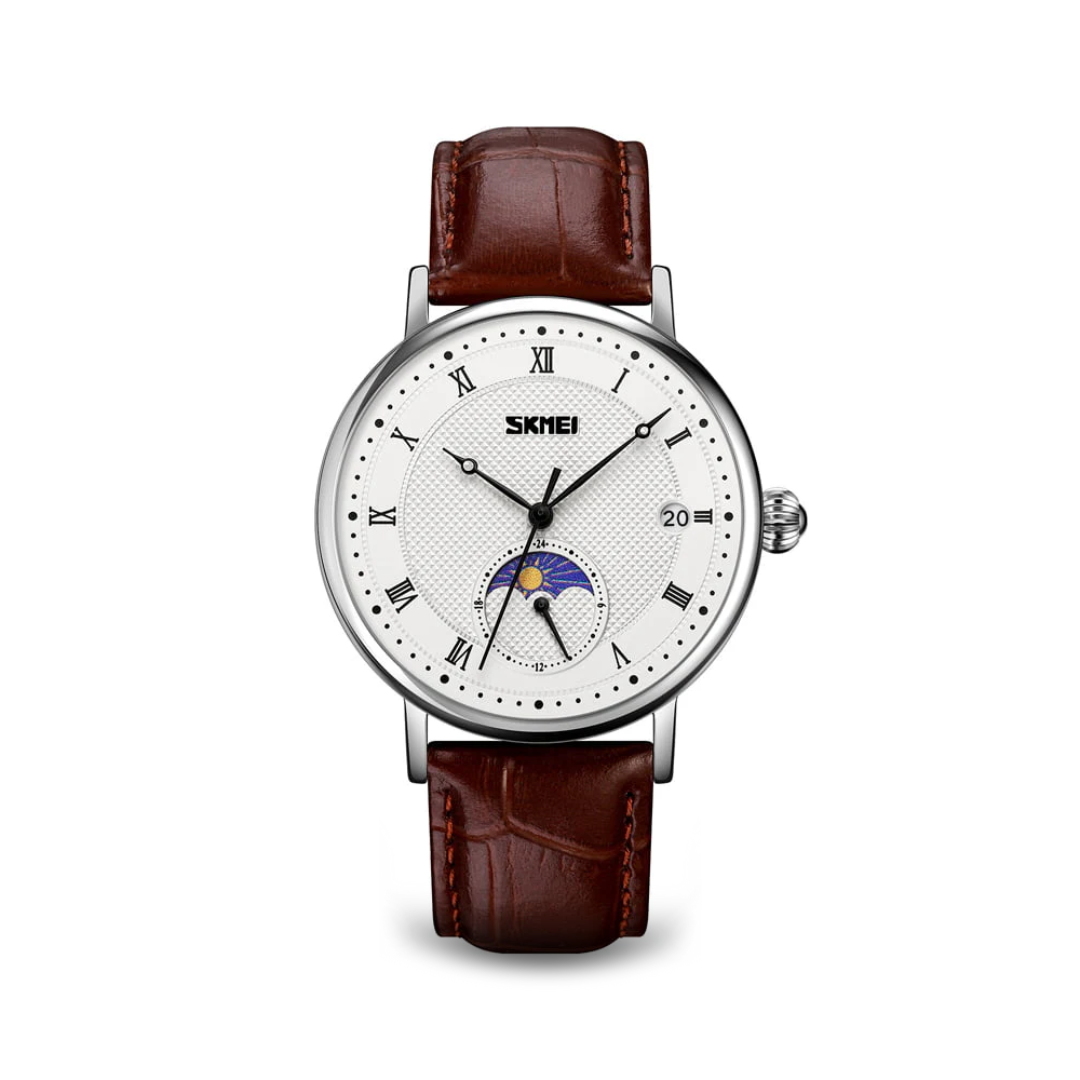 Stainless Steel Moon Phase Watch with Sapphire Crystal Dial and Leather Strap – Elegant Men's Timepiece 1