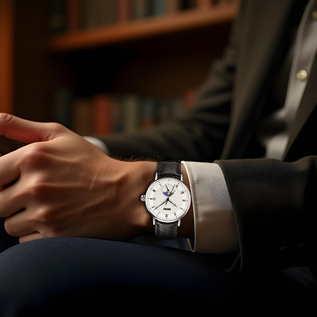 Stainless Steel Moon Phase Watch with Sapphire Crystal Dial and Leather Strap – Elegant Men's Timepiece 4