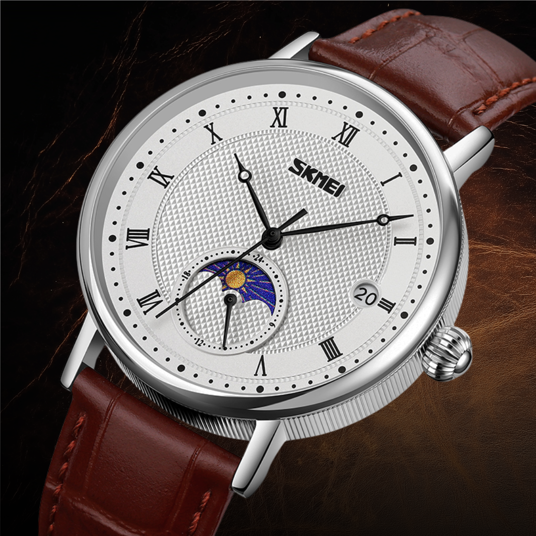 Stainless Steel Moon Phase Watch with Sapphire Crystal Dial and Leather Strap – Elegant Men's Timepiece 5