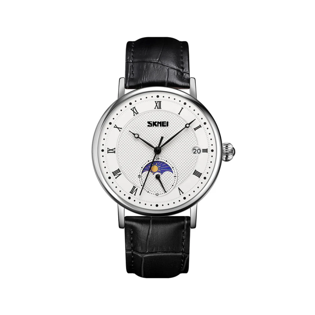 Stainless Steel Moon Phase Watch with Sapphire Crystal Dial and Leather Strap – Elegant Men's Timepiece 6