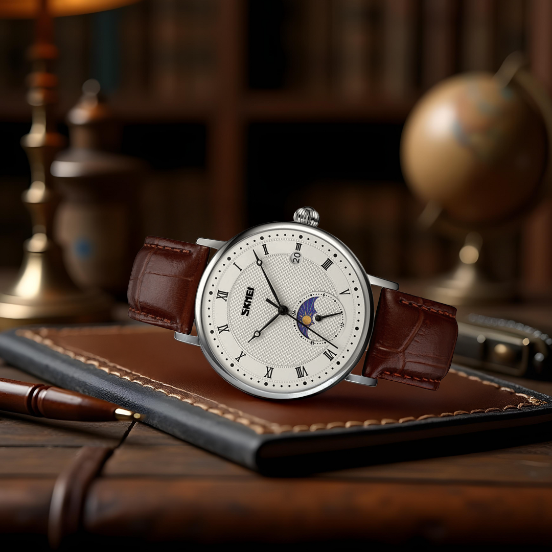 Stainless Steel Moon Phase Watch with Sapphire Crystal Dial and Leather Strap – Elegant Men's Timepiece 8