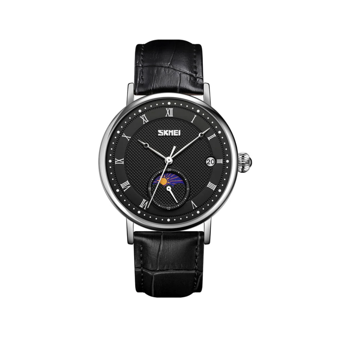 Stainless Steel Moon Phase Watch with Sapphire Crystal Dial and Leather Strap – Elegant Men's Timepiece 9