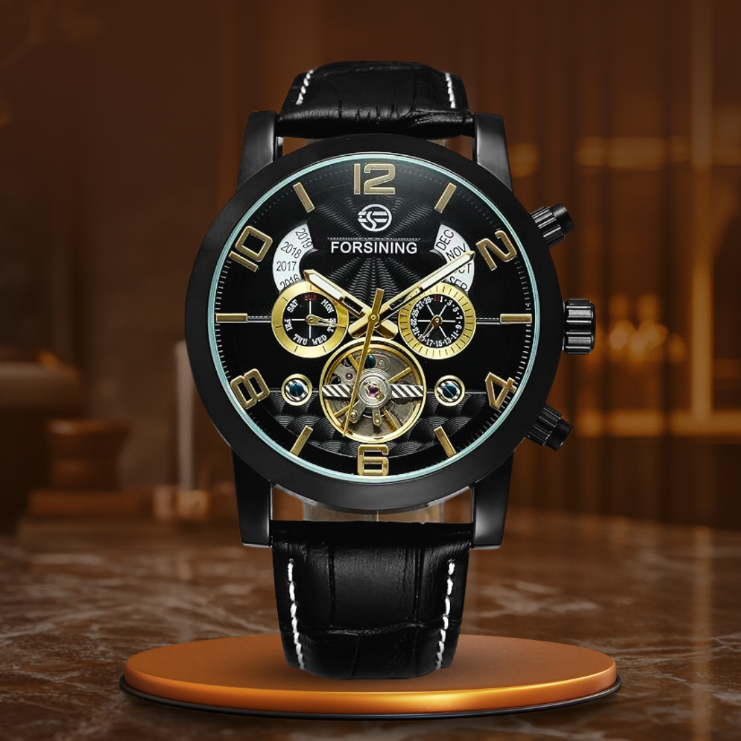 Tourbillon Automatic Mechanical Watch - Elegant Black & Gold Design 0