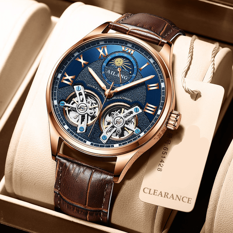 Tourbillon Mechanical Watch with Leather Strap and Moon Phase Display – Elegant Self-Winding Timepiece for Men