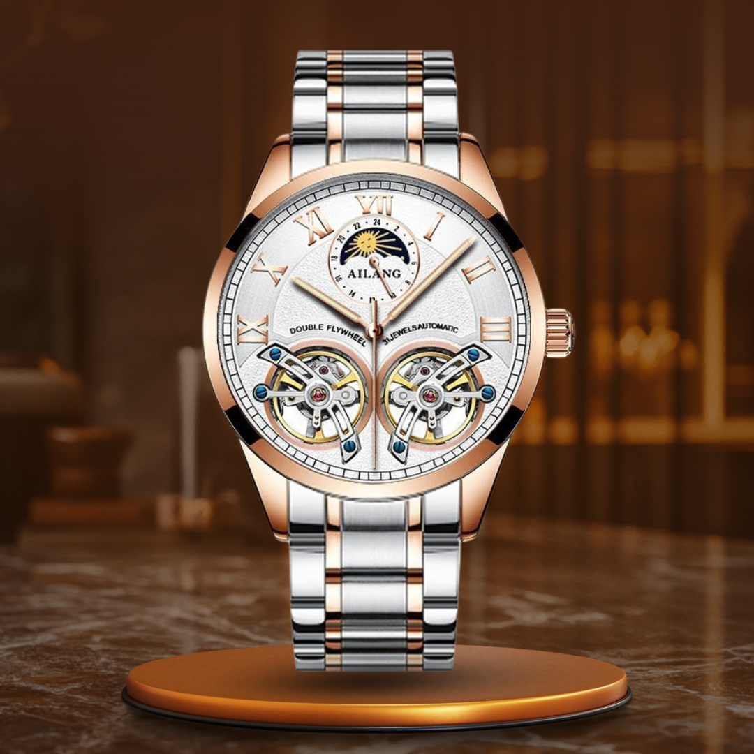 Tourbillon Mechanical Watch with Leather Strap and Moon Phase Display – Elegant Self-Winding Timepiece for Men