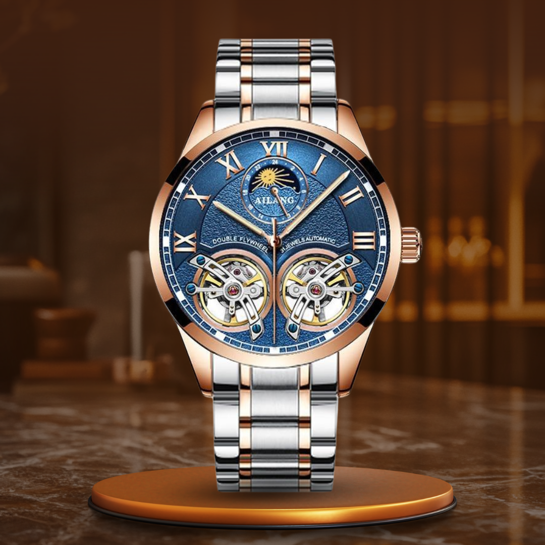 Tourbillon Mechanical Watch with Leather Strap and Moon Phase Display – Elegant Self-Winding Timepiece for Men