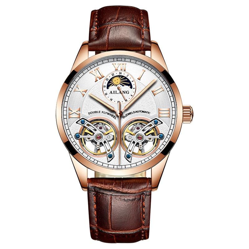 Tourbillon Mechanical Watch with Leather Strap and Moon Phase Display – Elegant Self-Winding Timepiece for Men
