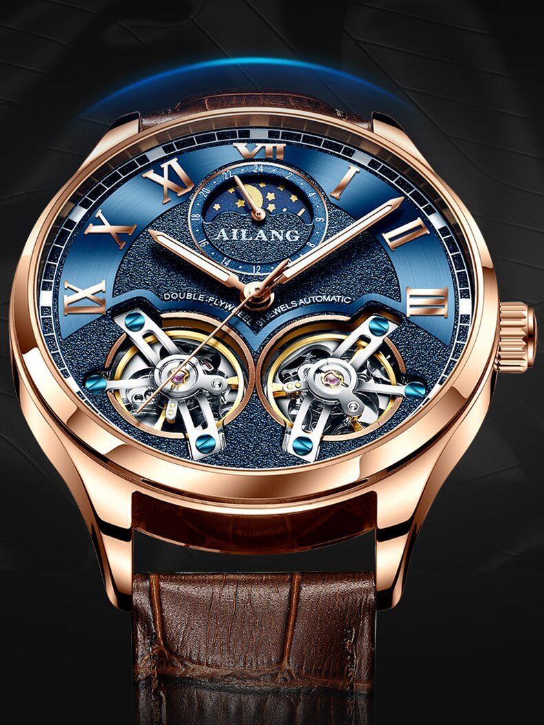 Tourbillon Mechanical Watch with Leather Strap and Moon Phase Display – Elegant Self-Winding Timepiece for Men