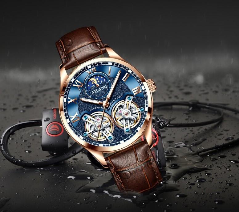 Tourbillon Mechanical Watch with Leather Strap and Moon Phase Display – Elegant Self-Winding Timepiece for Men