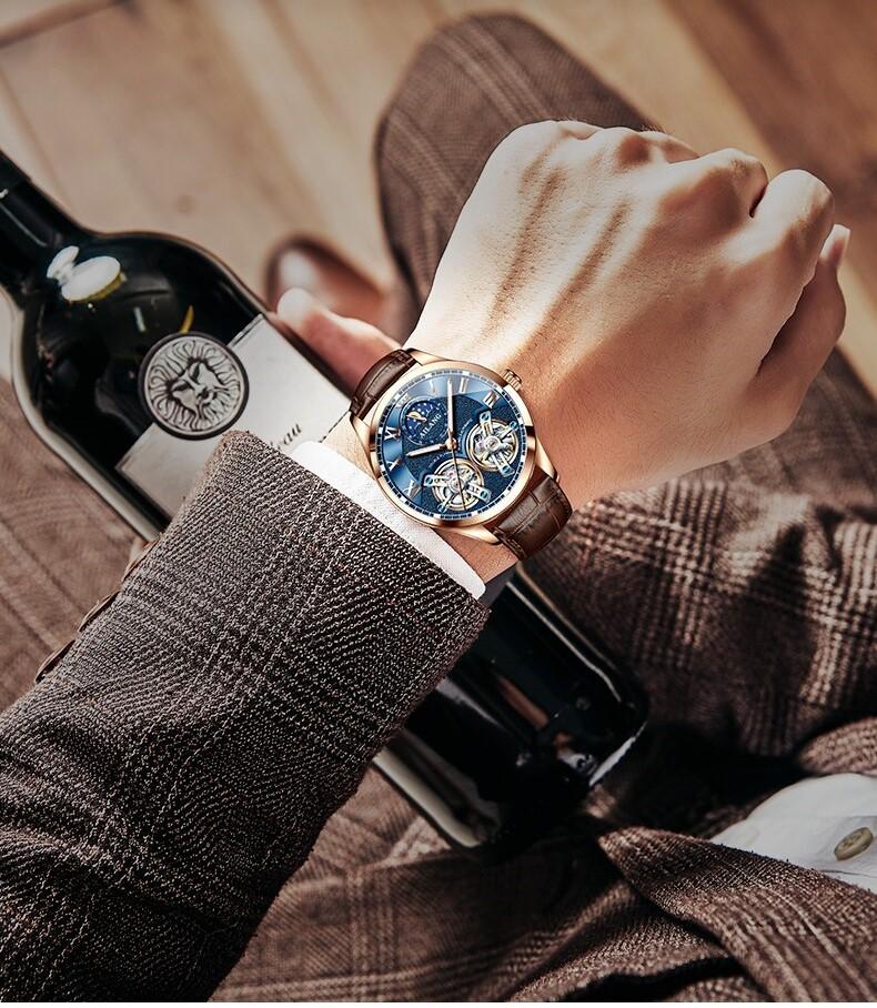 Tourbillon Mechanical Watch with Leather Strap and Moon Phase Display – Elegant Self-Winding Timepiece for Men