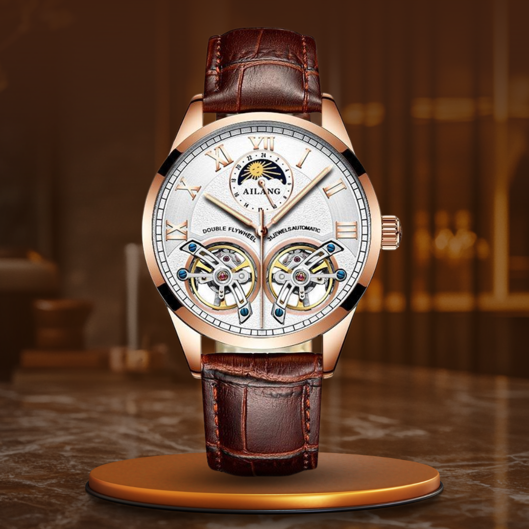 Tourbillon Mechanical Watch with Leather Strap and Moon Phase Display – Elegant Self-Winding Timepiece for Men