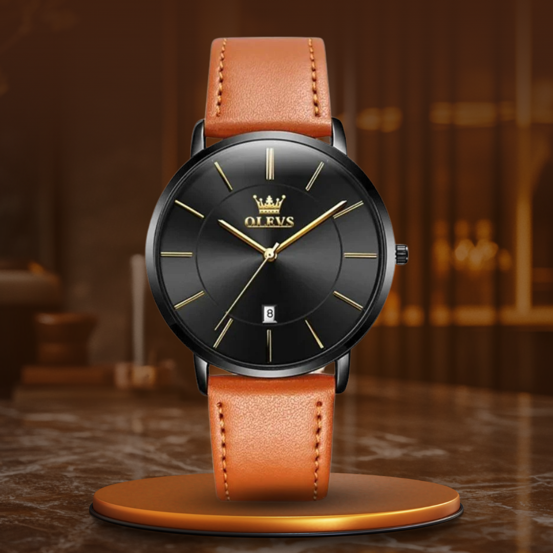 Ultra-Thin Men's Watch with Leather Strap and Date Display – Elegant Quartz Timepiece for Any Occasion