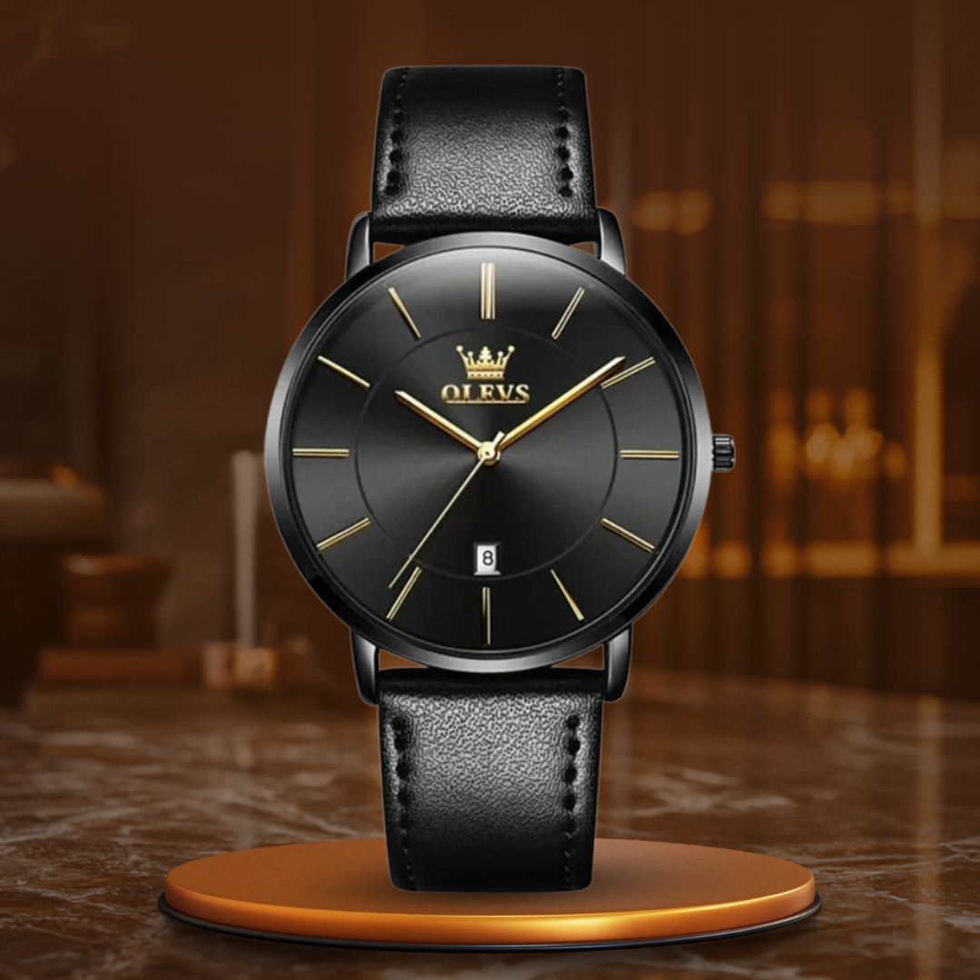 Ultra-Thin Men's Watch with Leather Strap and Date Display – Elegant Quartz Timepiece for Any Occasion