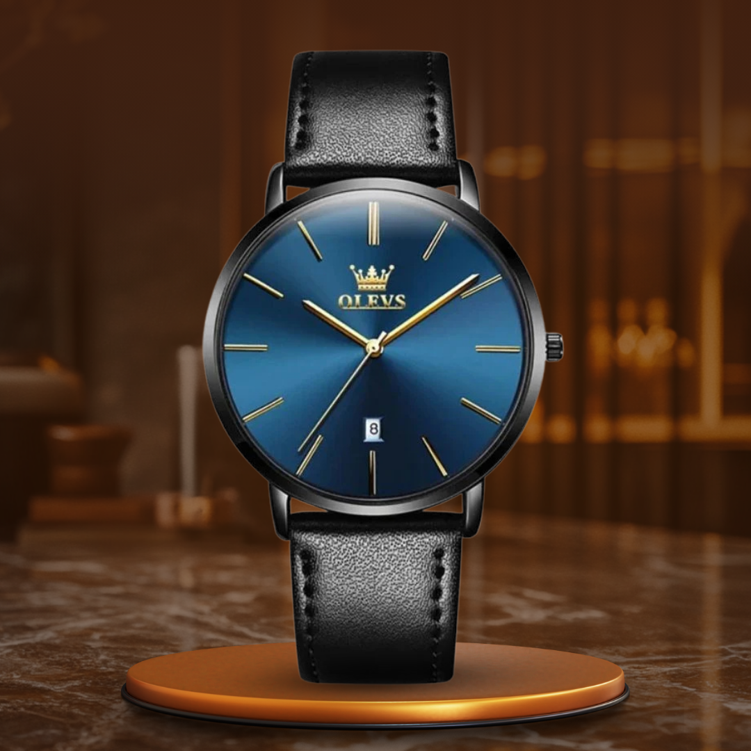 Ultra-Thin Men's Watch with Leather Strap and Date Display – Elegant Quartz Timepiece for Any Occasion