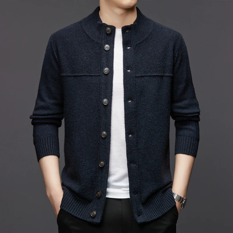 Men's Cardigan Black 100% Wool Heavyweight Button-Up
