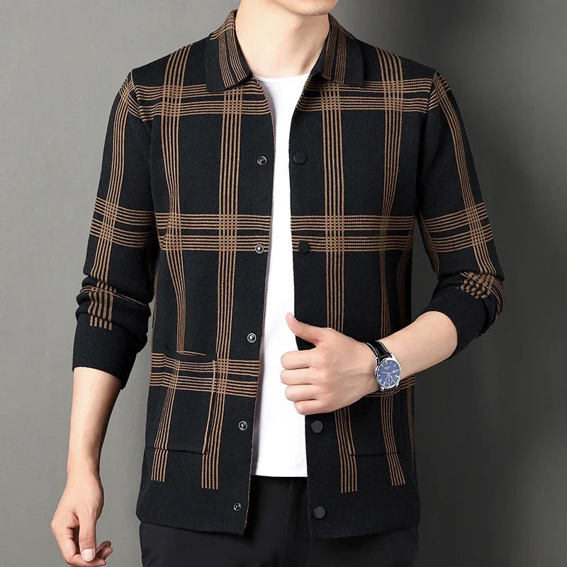 Men's Cardigan Black Viscose Blend Lattice Design