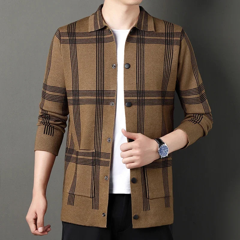 Men's Cardigan Black Viscose Blend Lattice Design