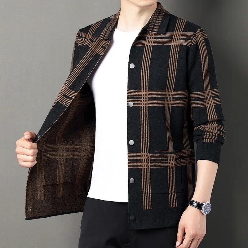 Men's Cardigan Black Viscose Blend Lattice Design