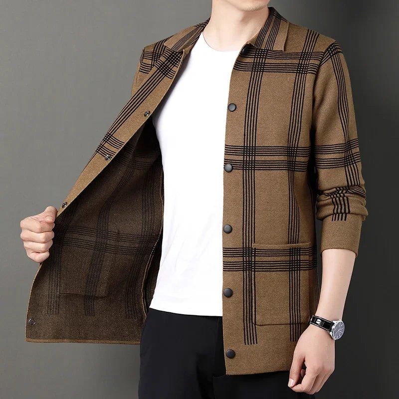 Men's Cardigan Black Viscose Blend Lattice Design