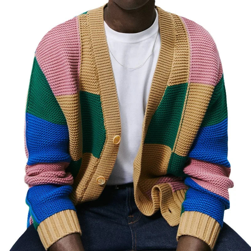 Men's Colorblock Cardigan Multicolor Acrylic Cotton