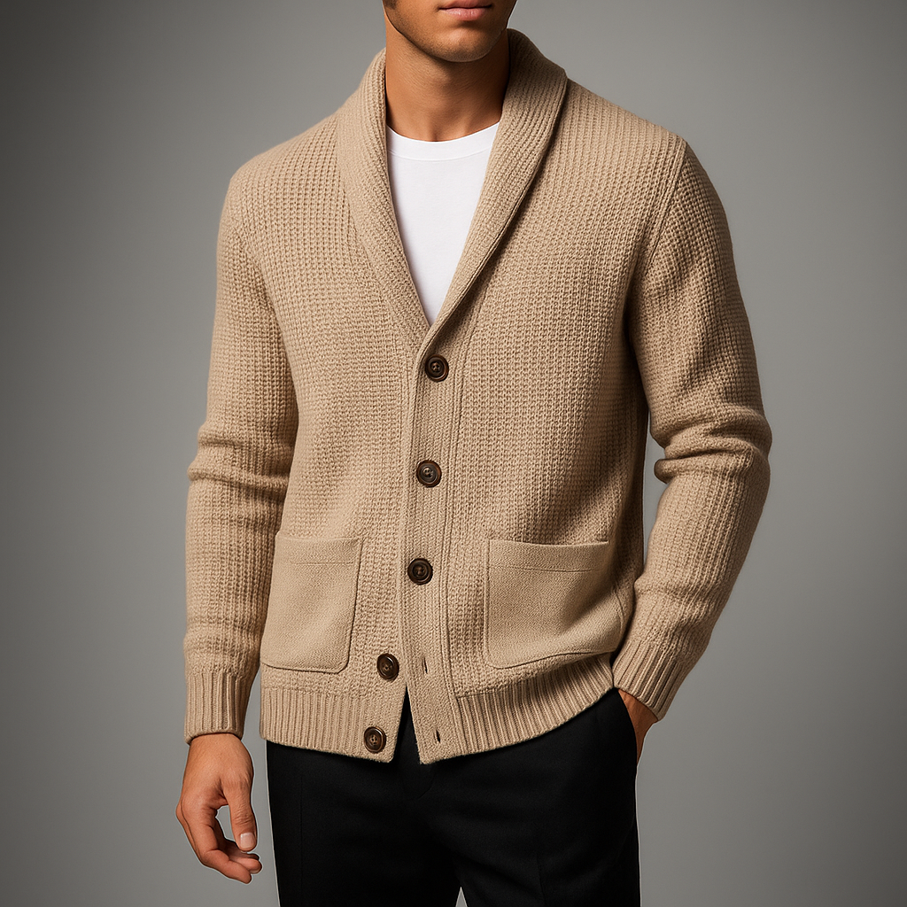 Men's Long Cardigan Beige Cotton-Wool Blend